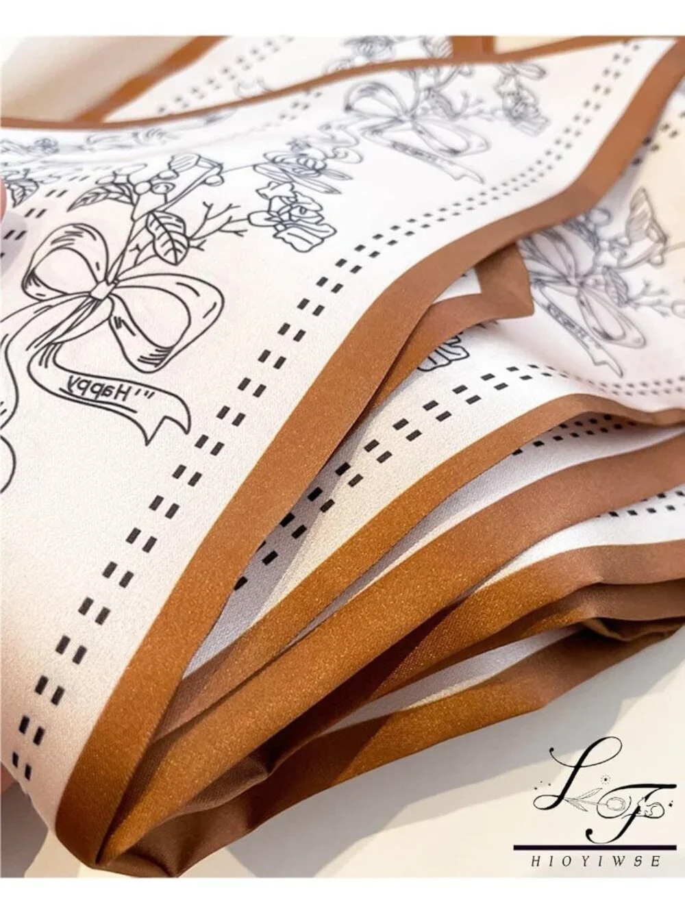 Women's Beige Printed Square Headscarf Bandanas Hair Scarf Neck Scarves